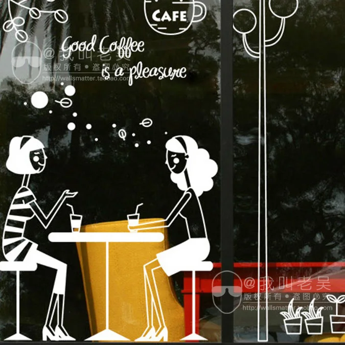 Hot Sale Coffee shop sticker window  decoration Good Coffee Two girl having coffee  wall sticker Art decal