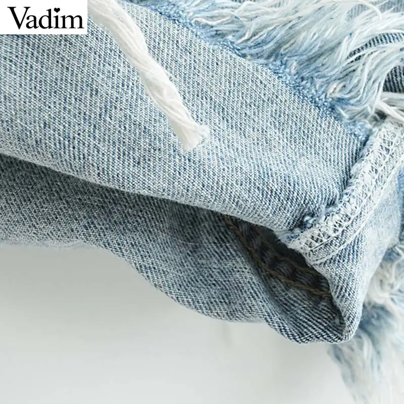 Vadim Женские базовые джинсовые шорты с дырками кисточки на пуговицах стильные