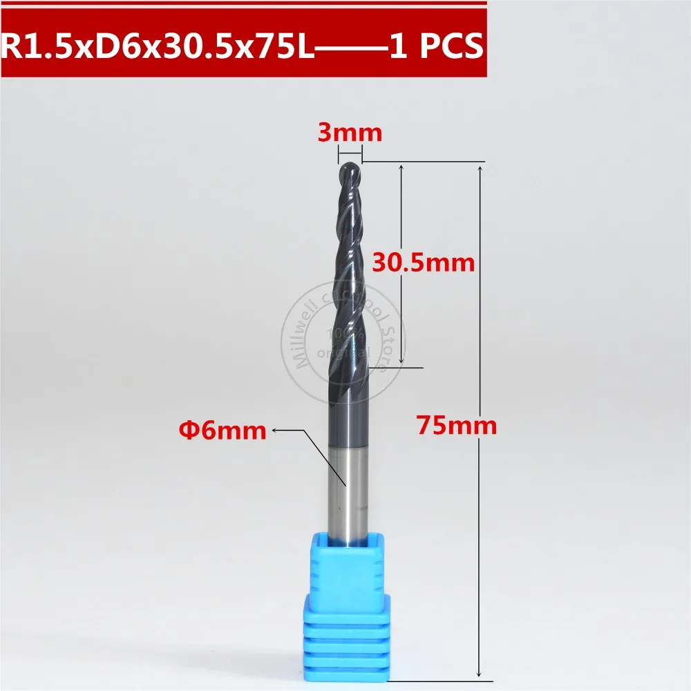 

Free shipping-1PCS R1.5*D6*30.5*75L*2F HRC55 Tungsten solid carbide Coated Tapered Ball Nose End Mill taper and cone end mills