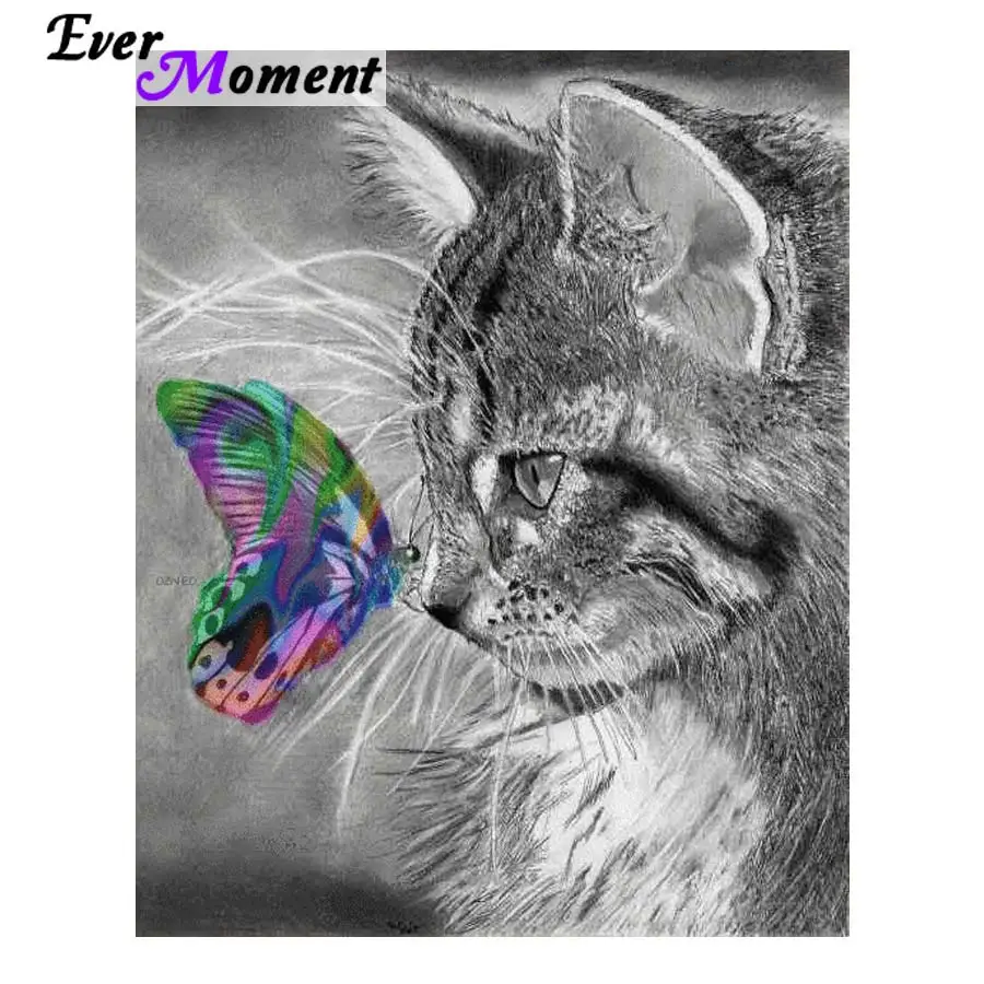

5D DIY Diamond Painting Cat Crystal Diamond Painting Cross Stitch Gray Cat &Color Butterfly Needlework Home Decorative ASF648