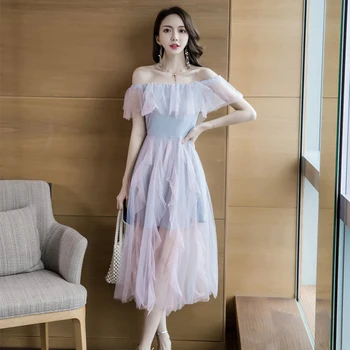 

Fashion women comfortable elegant mesh perspective dress new arrival temperament party cute off shoulder sexy a-line dress