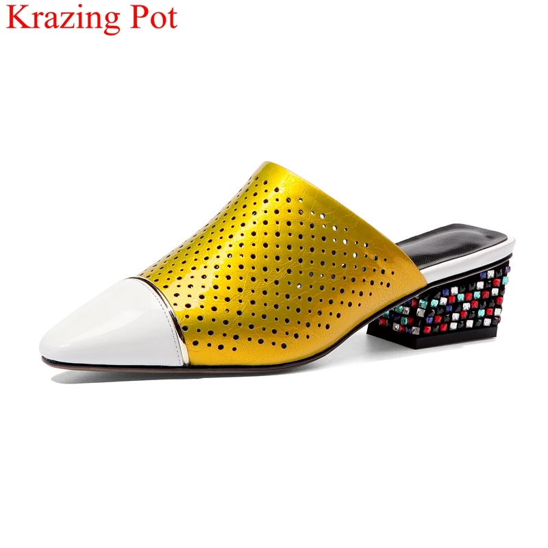 

fashion pointed toe slip on patent leather med heels women sandals office lady rhinestone mules crystal party summer shoes L26