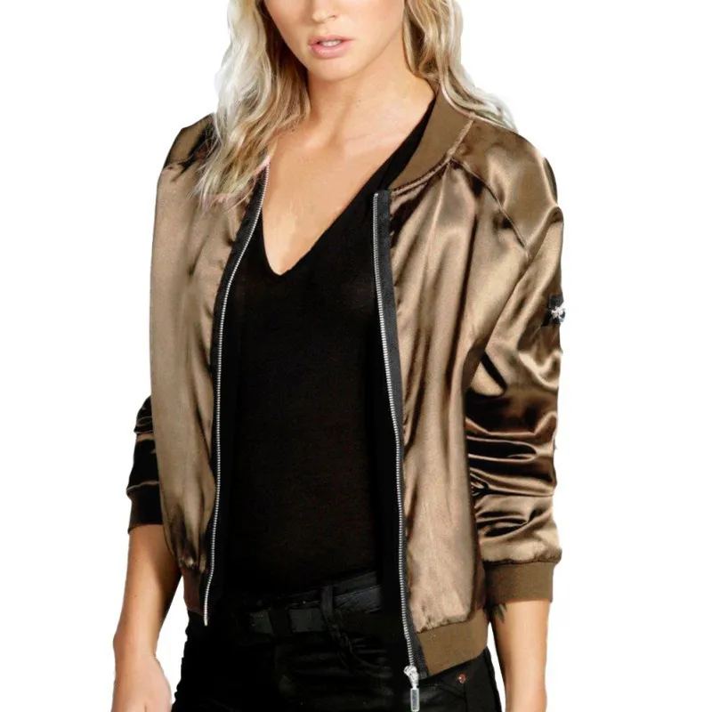 

2 Colors Autumn Satin Bomber Jacket for Women Coats Zipper Long Sleeve Stand Collar casacos baseball Outwear chaqueta mujer