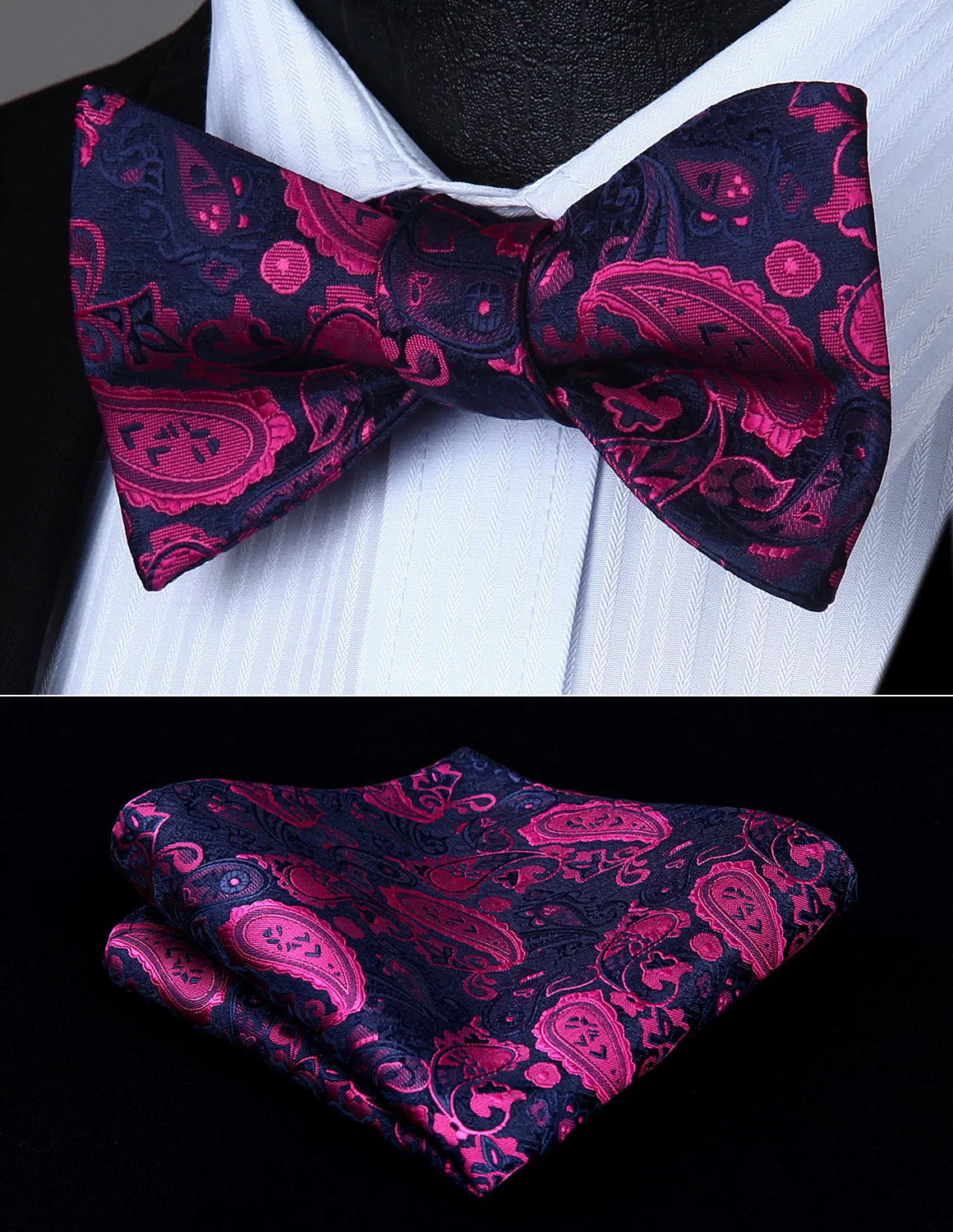 

BP711HS Hot Pink Paisley Bowtie Men Butterfly Silk Self Bow Tie handkerchief set