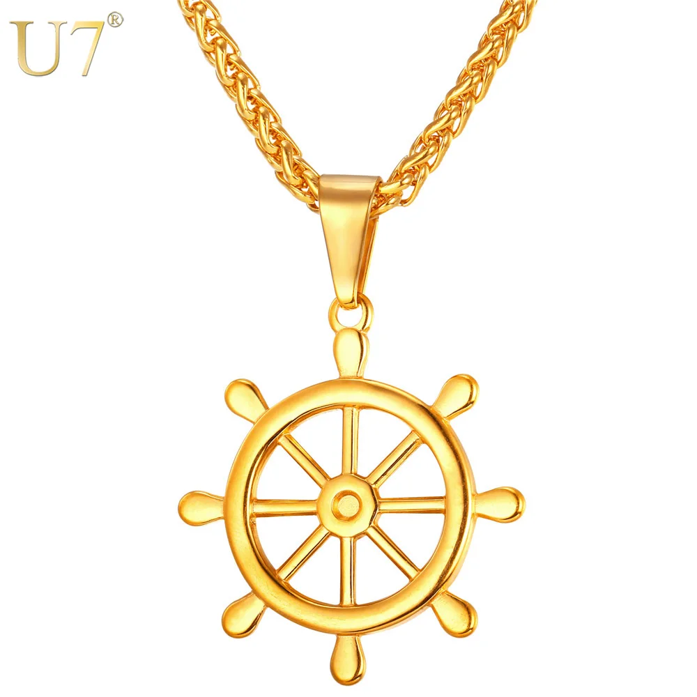 

U7 New Fashion European Brand Rudder Charms Pendant Women Men Jewelry Gold Color Stainless Steel Chain Navy Necklace P741