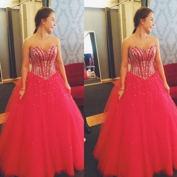 

Sweetheart Neck Tulle Quinceanera Ball Gown Crystals Beaded Floor Length Wedding Party Dress