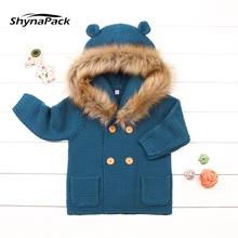 Winter Warm knitted wool baby jacket with Detachable fur collar great cardigan Knitwear for newborn infant baby age 0-2 years