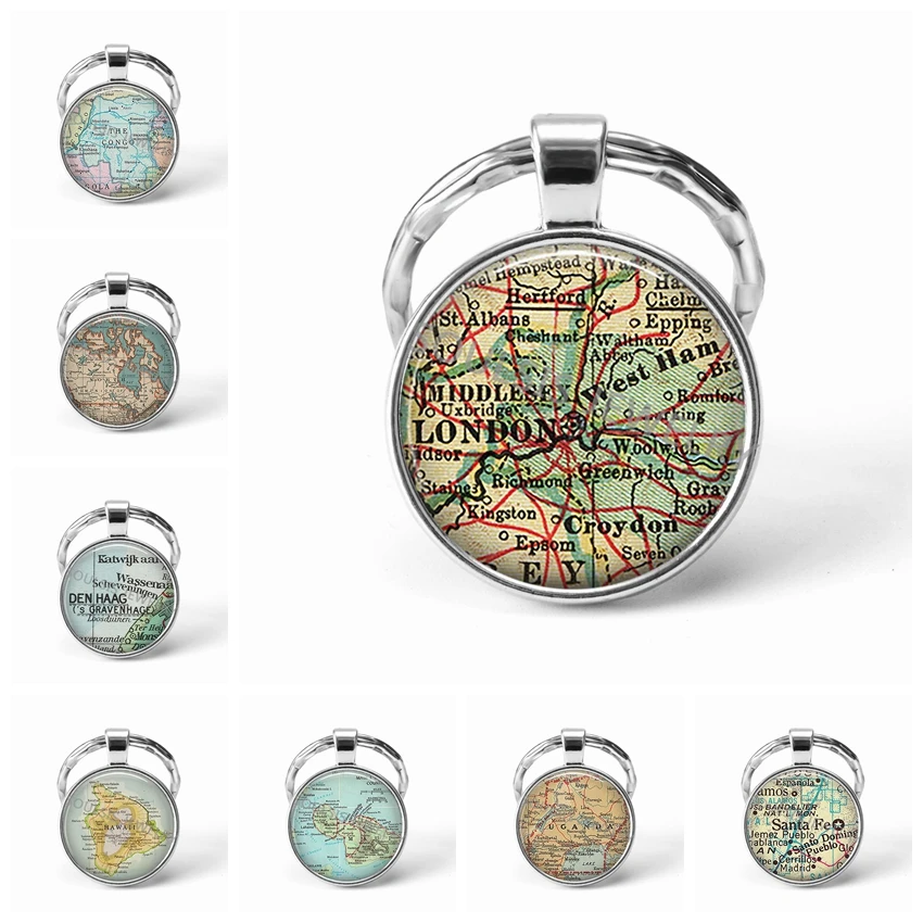 

2018 Newest Metal Key Chains Handmade Vintage London World Map Earth Geography Key Chain Glass Dome Keychains for Men Women Gift