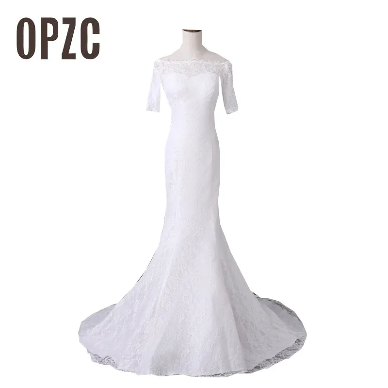 

3 style New Arrived Boat Neck Mermaid off white Red Romantic Wedding Dress Lace Half Sleeve Vintage Turmpet Bride Gown Fashion