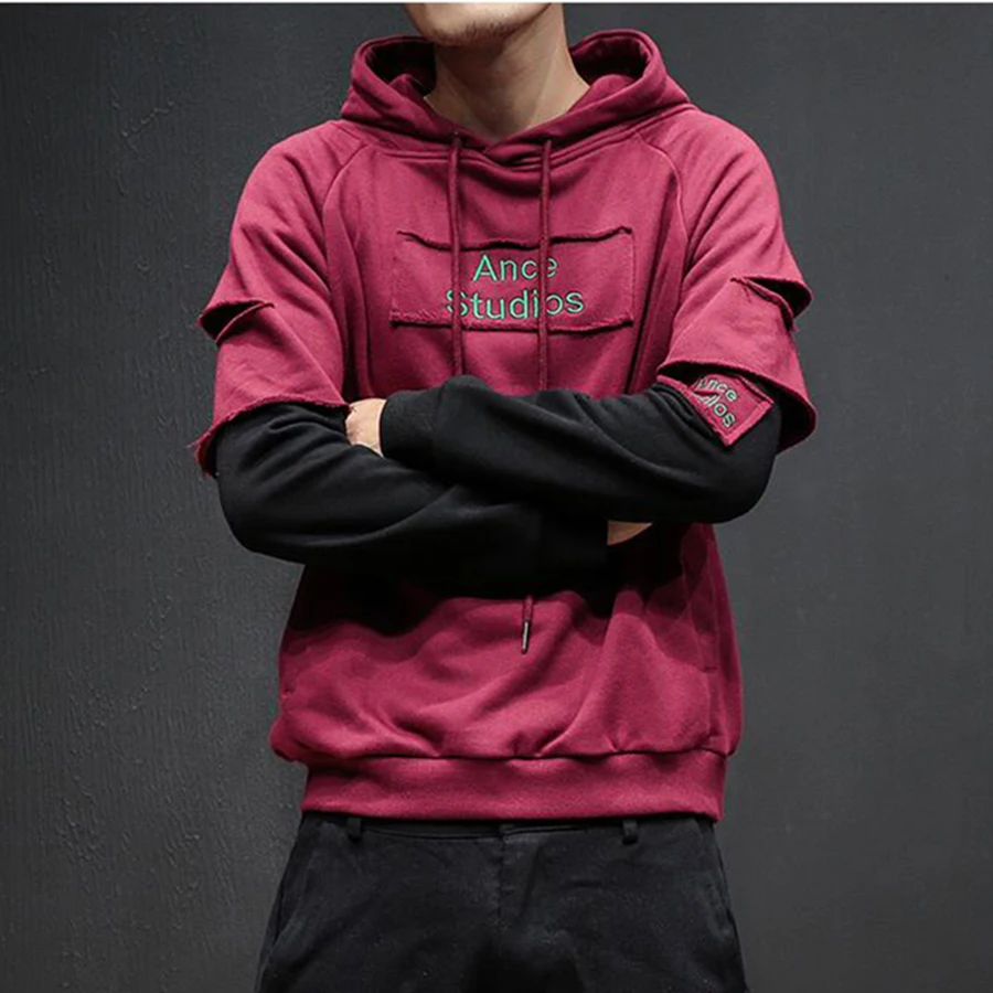 Fake Two Pieces Men Hoodie Sweatshirts Hoodies Patchwork Hip Hop Sweatshirt Harajuku Oversized Street Wear Korean Mens Clothing