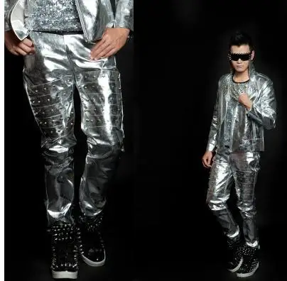 Европейская американская Серебряная заклепка брюки бар певцы сценические брюки мужские костюмы брюки из искусственной кожи мужские брюки Повседневная мода