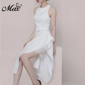 

Max Spri 2019 New Fashion Solid White O-neck Sleeveless Women Party Dress Buckle Side Slit Sexy Dress