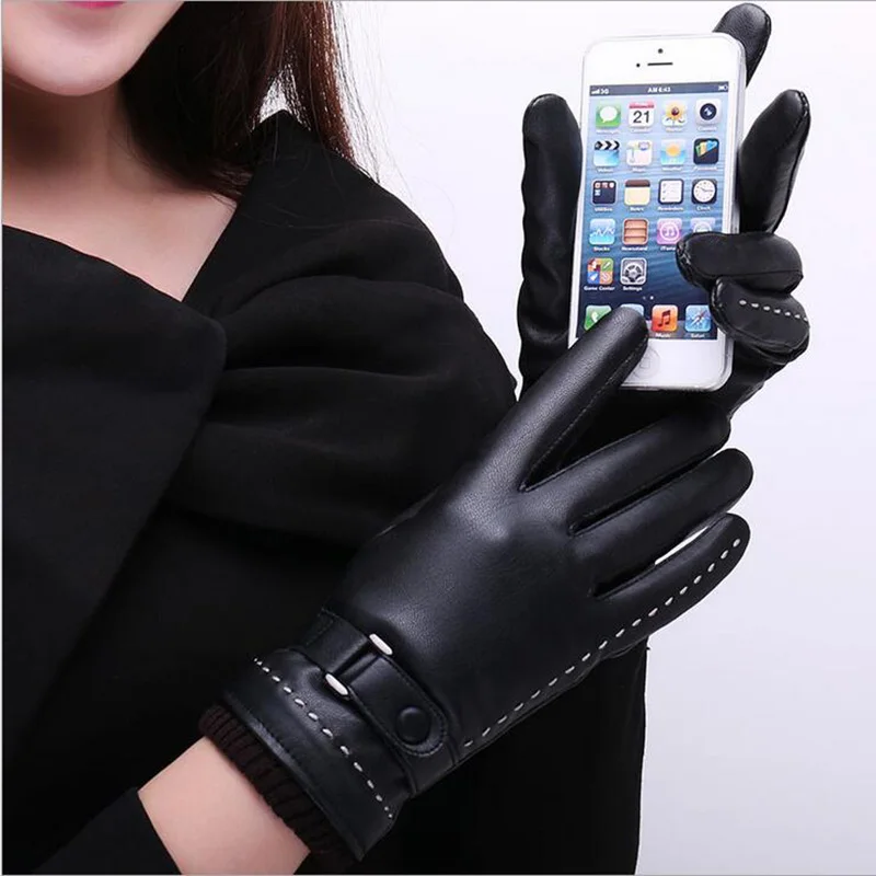 Осенне-зимние женские утепленные перчатки из искусственной кожи с сенсорным экраном, теплые ветрозащитные перчатки для вождения, коралловые флисовые перчатки, черные перчатки G118