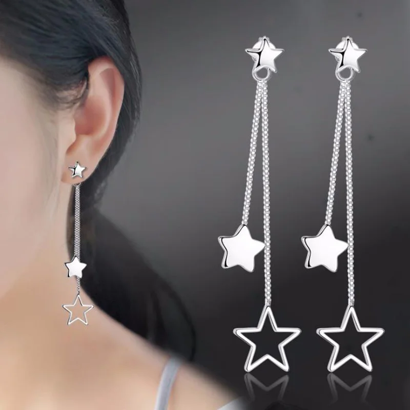 

2019 Fashion Silver Long Chain Drop Earrings With Double Star 925 Sterling Silver Earrings Jewelry Pendientes Brincos CY461