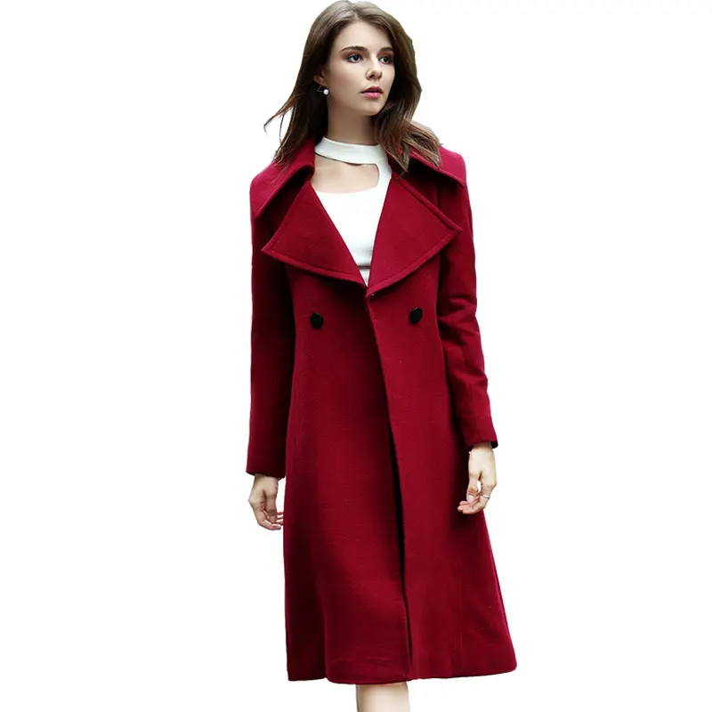 Olrain Women Vintage Winter Wine Red Long Sleeve Double Breasted Wool