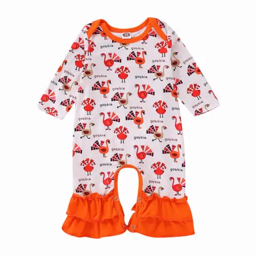 

Cute Newborn Kids Baby Thanksgiving Clothes Girl Boy Turkey Printed Romper Long Sleeve Adorable Autumn Jumpsuit One-Piece Outfit
