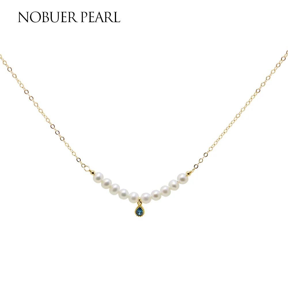 

Nobuer 14K gold Pearl Pendants women Necklace With Blue Water Drop Accessories And 4-4.5mm White Round Real Pearl Pendants