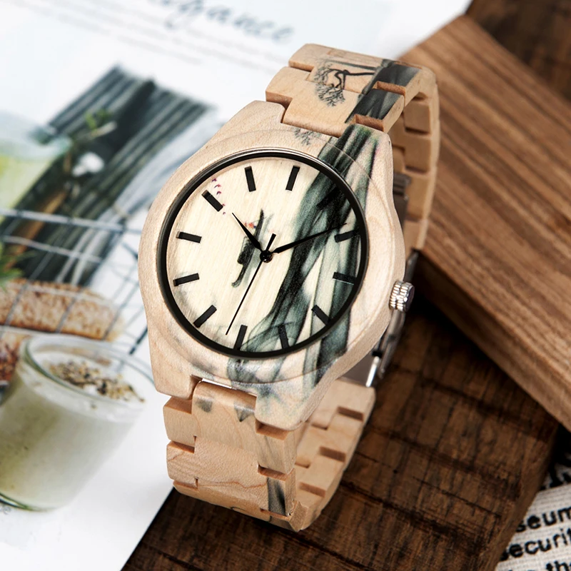 BOBO BIRD Mens Watch Ink Painting Design All Maple Wood Watches for Males in Wooden Gift box