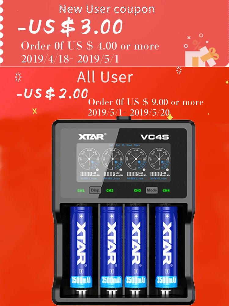 XTAR VC4S красочный VA ЖК-экран 3A зарядное устройство используется для IMR литий-ионная аккумуляторная батарея 18650/26650/10440/16340