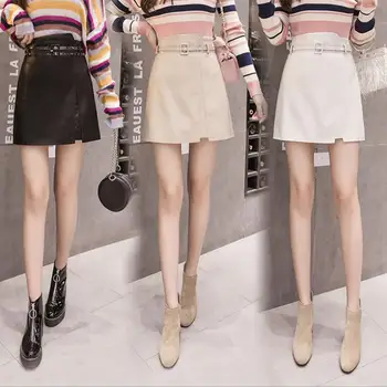 

2018 autumn and winter new PU leather skirt Korean fashion Lap top high waist pu A-Line skirt