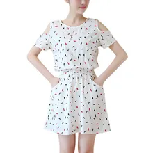 New Women Off Shoulder Party Dresses Drawstring Waist O Neck Short Sleeve Dress 2019 Boho Style Floral Print Chiffon Beach Dress ornate print drawstring waist dress