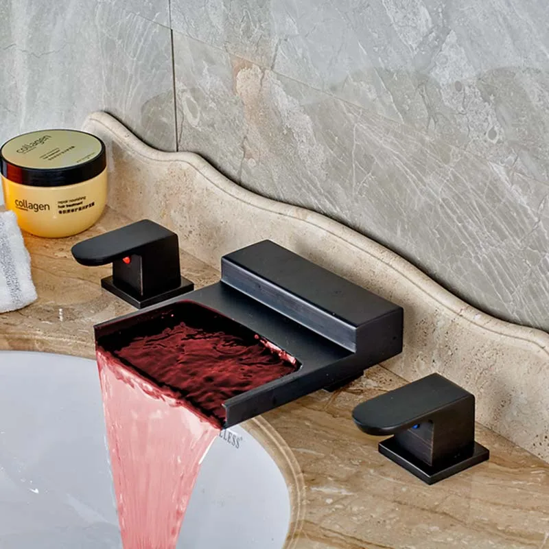 

LED Color Changing Oil Rubbed Bronze Waterfall Bathroom Faucet Tub Mixer Tap NEW
