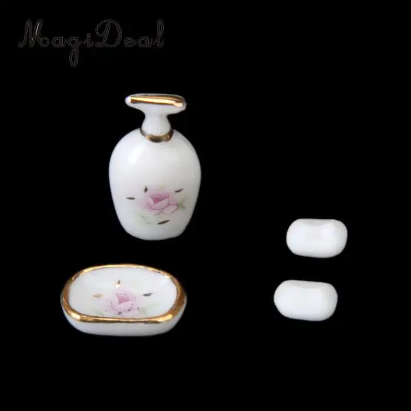 MagiDeal Porcelain 8Pcs/Set Dollhouse Bathroom Accessory Floral Ceramic Children Toys Decoration Pastel Rose