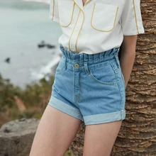 Женские джинсовые шорты с высокой талией и рюшами,, летние новые модные корейские джинсы, синие шорты с эффектом потертости, женские шорты, светильник на молнии, синие шорты