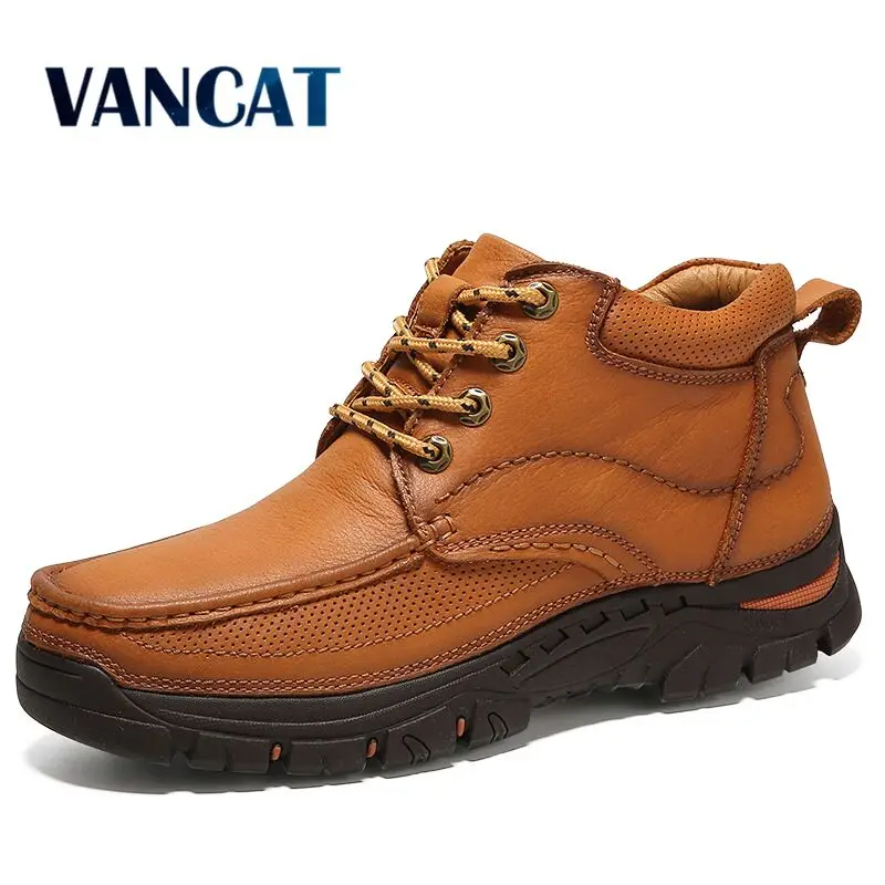 Vancat khaki Cuir High De Marque Hommes Hiver Bottes Vache Cheville En Neige black Brown Boots100Véritable Top Haute Qualité Chaud 2018 5Lj34AR