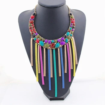 

CirGen Fashion Bohemia Choker Chunky Colorful Resin Statement Colorful Chain Tassel Pendant women Necklace Bijoux Jewelry,E15