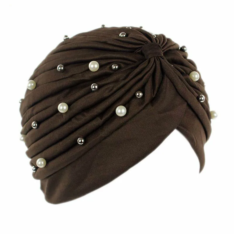 Мягкая мусульманская шапка с полным покрытием, модная женская шапка-тюрбан с бисером, исламский шарф, шапка для женщин, шапка на всю голову, шапки - Цвет: Коричневый