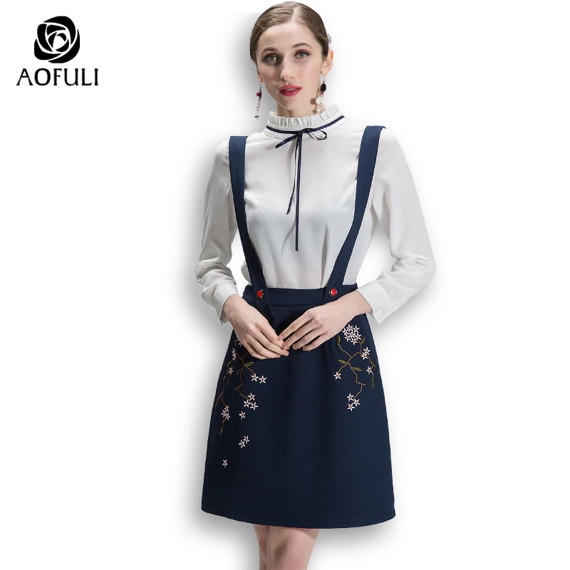 

AOFULI M~ XXXL 4XL 5XL Plus Size Female Dress Suit Set Long Sleeve Blouse Twinset Flowers Embroidery Strap Dress Outfit 9059