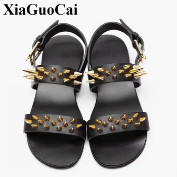 

Men Sandals Summer Shoes Genuine Leather with Rivet Decor Ankle Strap Flat Sandals Stylish Bling Solid Black Male Beach Shoes