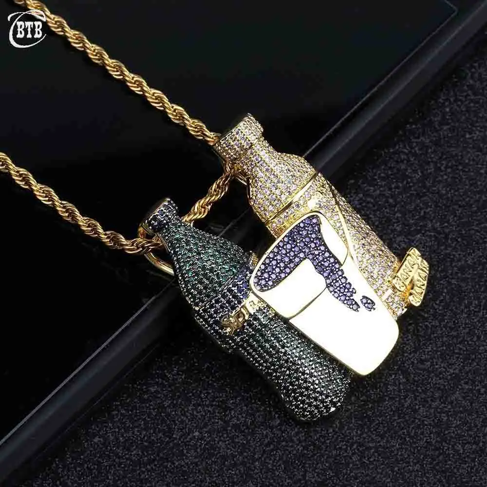 Iced Out Sprite Bottle Hip Hop Necklace Wine Bottle Combo Pendant Cubic Zircon Charms Necklace Men's Jewelry For Gift