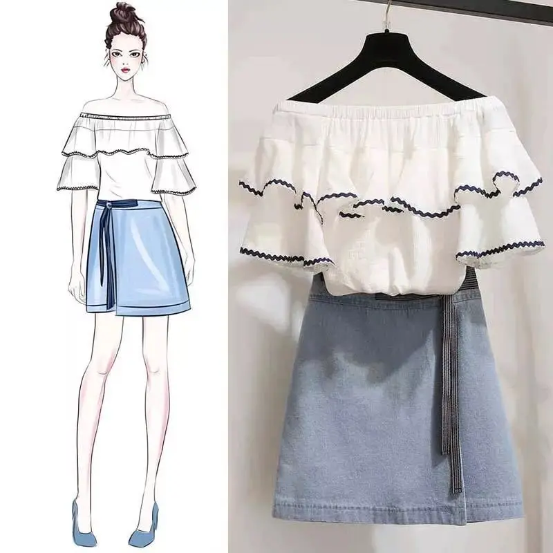 

New Korean Fashion 2 Pieces Skirt Sets Women Chiffon Blouse Demin Skirt Summer Sets Big Size Two Piece Outfit Streetwear Clothes