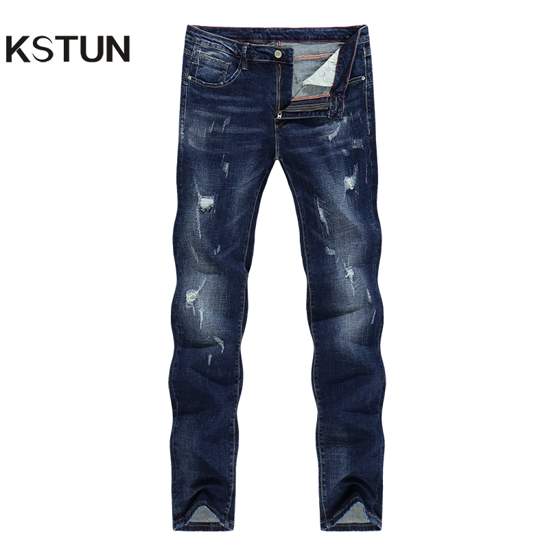 

KSTUN Denim Mens Jeans Hip Hop Winter Elasticity Patchwork Ripped Distressed Streetwear Moto Biker Jean Male Casual Denim Pants