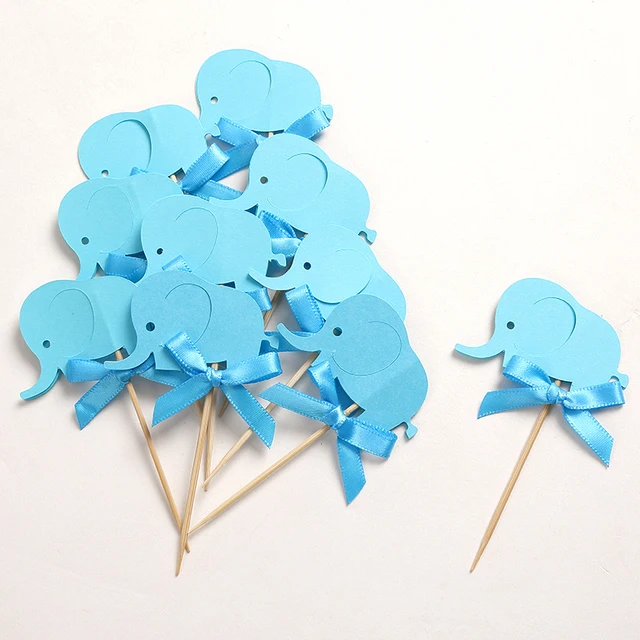 Custom Bow Blue Elephant Cupcake Toppers Baby Shower For Boy S