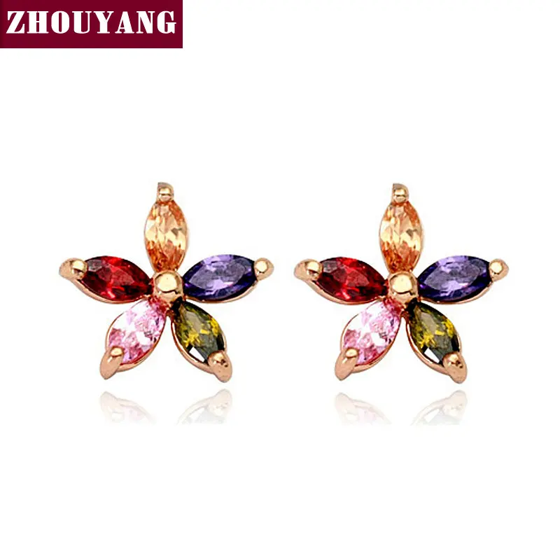 ZHOUYANG ZYE007 разноцветные зимние сладкие серьги-гвоздики из розового золота с настоящими Австрийскими кристаллами