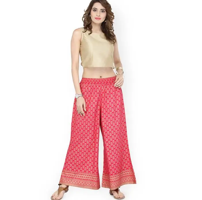 

India Traditional Woman Cotton Broad-legged Trousers Ethnic Style Spring Summer Red Printing Bottom Pants
