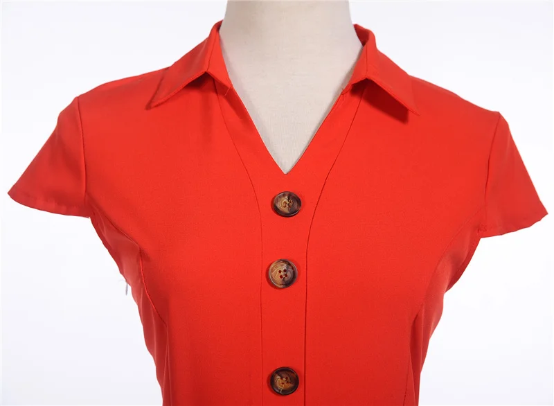 Kostlich Turn-down Collar Solid Color Dresses Hepburn Vintage Short Sleeve Dress Women Big Swing Dress S-2XL With Sashes (4)