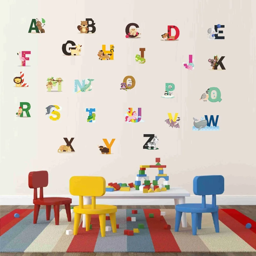 1 مجموعة الكرتون الحيوان 26 رسائل الأبجدية ملصقات على الحائط للأطفال غرف الحضانة غرفة اللون ديكور الأطفال صائق الفن الجداريات