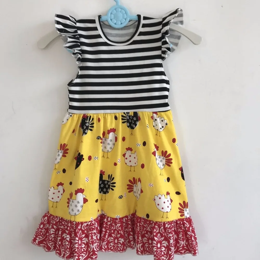 

2018 summer baby clothes baby girl cotton dresses chicken print flutter sleeve dress stripped