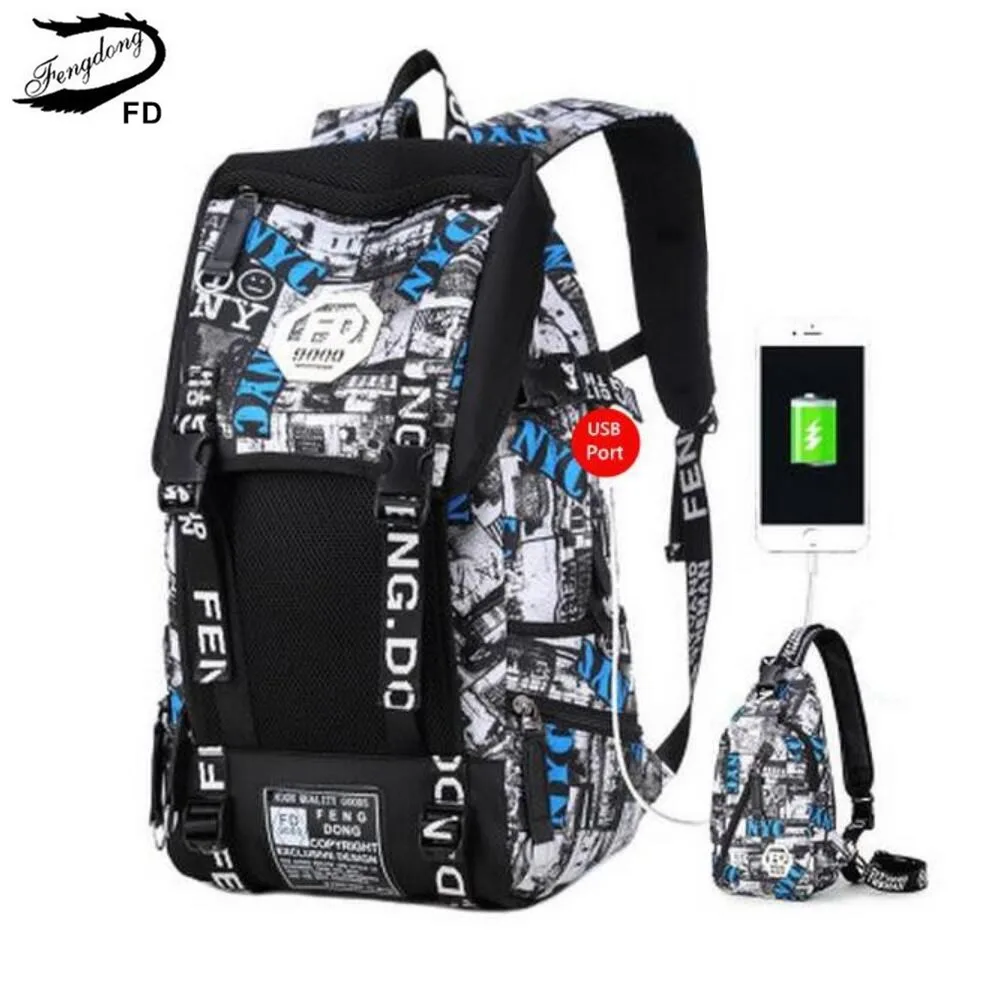 

FengDong 2pcs set waterproof men backpack male large travel bag with external usb port black chest bag big boys school backpack