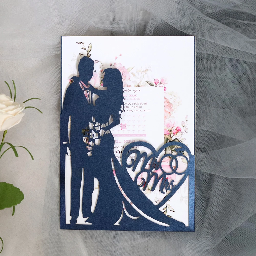  Bride and Groom Paper Cut Silhouette Laser Hollow Wedding Invitation Card with Ribbon for Wedding P - 33052581714