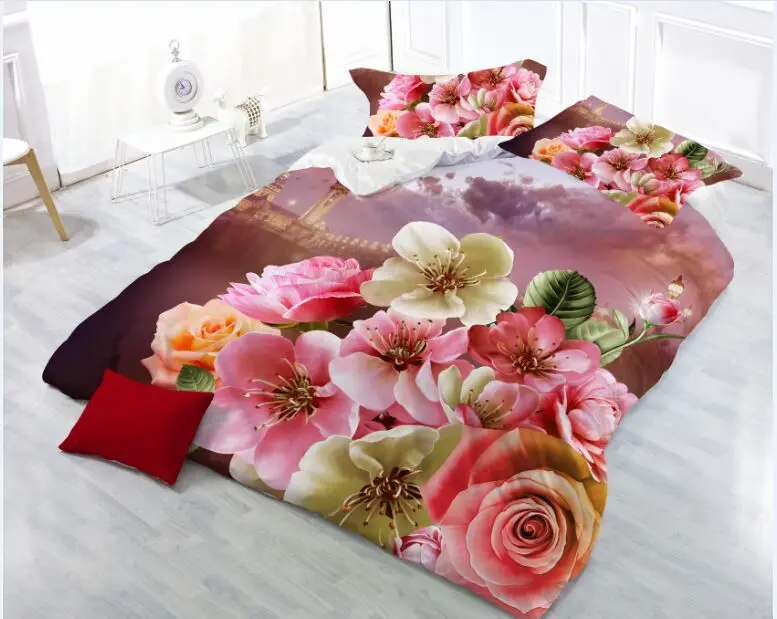 Лидер продаж 3D набор постельного белья с Три-дэ принтом; цветочный узор; Стёганое одеяло, покрывало на кровать, простынь, наволочка чехол 4 шт