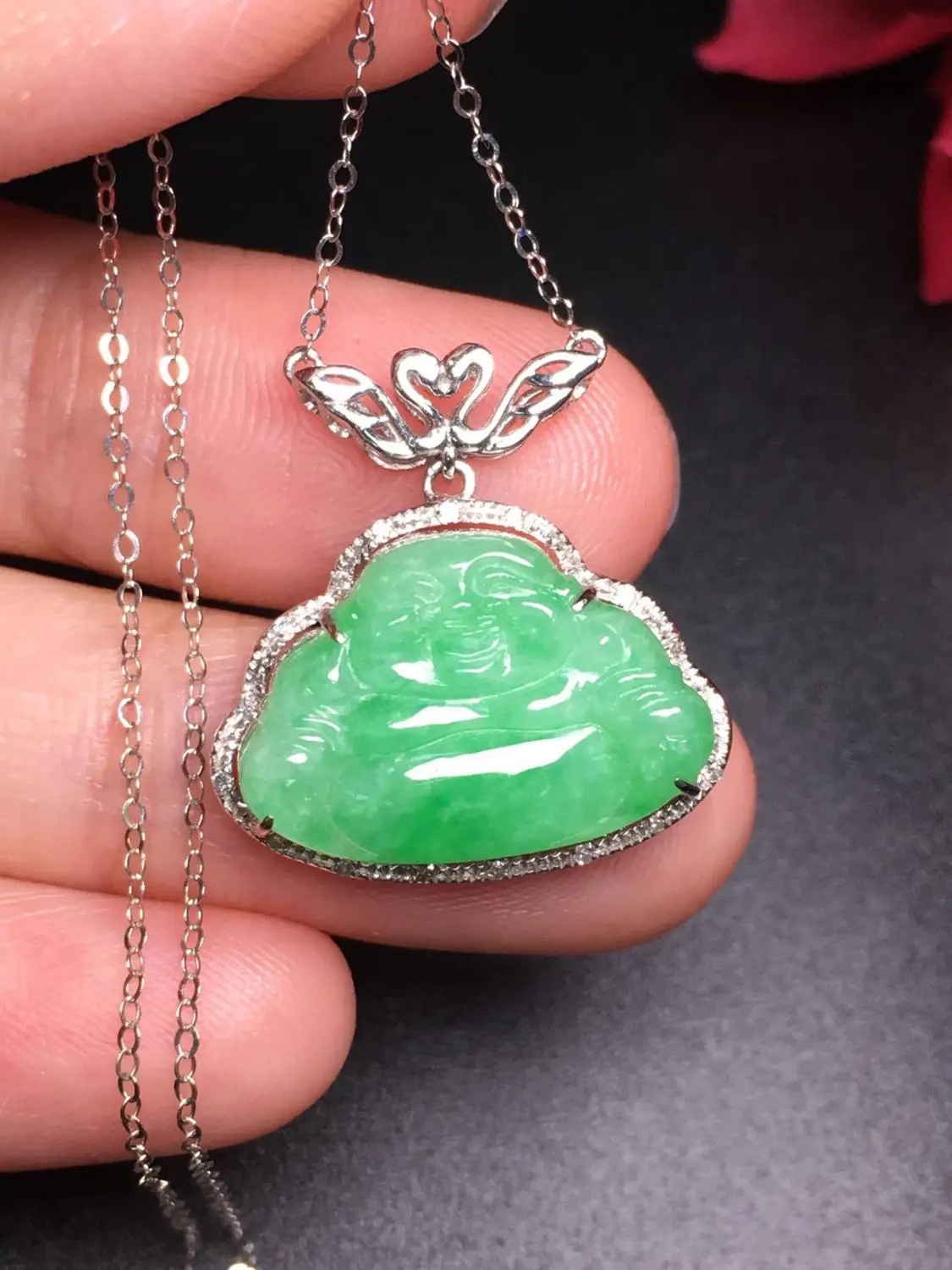 

706 Fine Jewelry Pure 18K White Gold Diamonds Burmes Origin Buddha Natural Green Jade Female's Women Pendants Necklaces