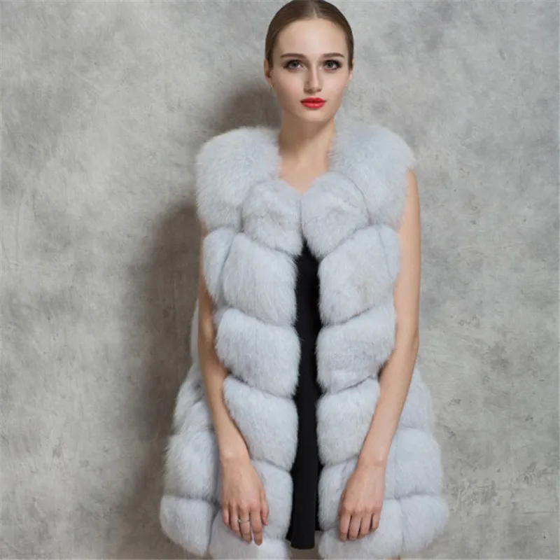 Для женщин лиса Мех животных жилет Мода Зима средней длиной Мех животных пальто Роскошные О-образным вырезом с длинным Искусственный мех