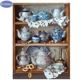 

Kufwkey Full Drill Square Diamond 5D DIY Diamond Painting"Kettle/tea cup"Diamond Embroidery Cross Stitch Rhinestone kitchen art