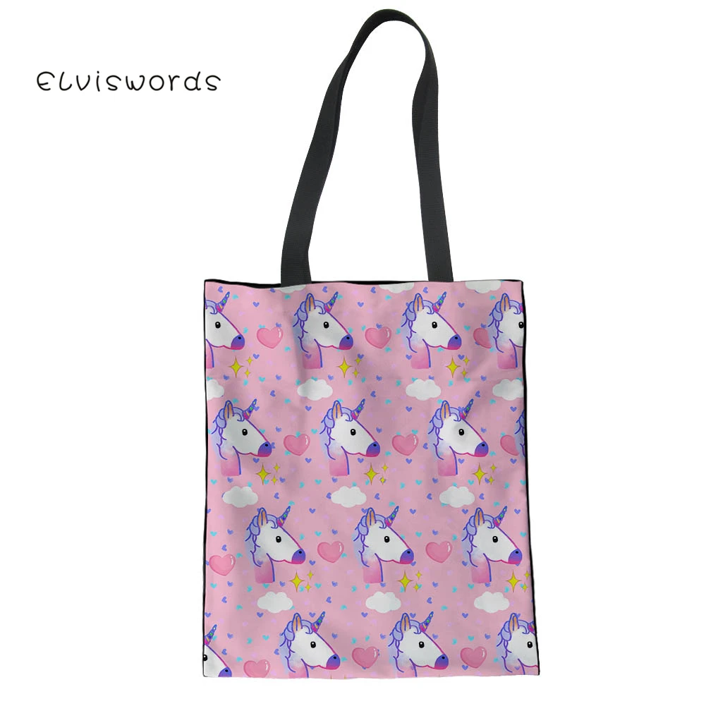 

ELVISWORDS Women Reusable Linen Bags Unicorn Dog Printing Large Storage Canvas Shoulder Bag For Teenagers Causal Shopping Tote