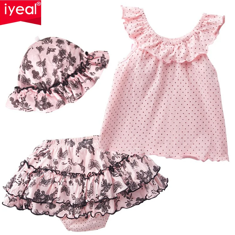 IYEAL/ летний комплект одежды для маленьких девочек, детская хлопковая футболка+ штаны-пачка+ шапка, комплект одежды из 3 предметов для новорожденных 0-2 лет